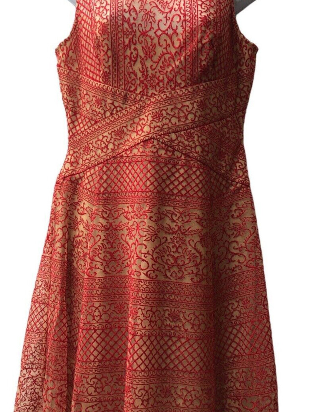 BCBG MaxAzria Red/Tan "Alice" Sleeveless Lace Embroidered Dress Womens Size 8